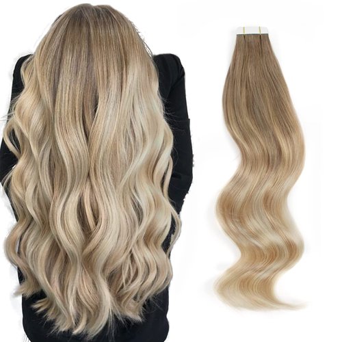 ABH AMAZINGBEAUTY HAIR Remy Tape in Hair Extensions - Invisible Sun-kissed Balayage Hair Ash Brown Fading into Dirty blonde with Platinum Blonde Highlights, B8-18-60,20 Pieces 50 Grams, 20 Inch