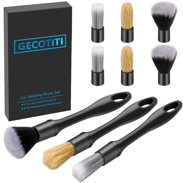 Gecotiti 9 Pcs Car Detailing Brush Set No Scratch for Clean Interior or Exterior, Dashboard, Air Vent, Leather Seats, Emblems, Tires, Engine Bay (6 PCS Replacement Brush Head)