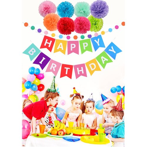 10 Pieces Happy Birthday Decorations Banner With Tissue Pom Poms For Rainbow Birthday Party Supplies