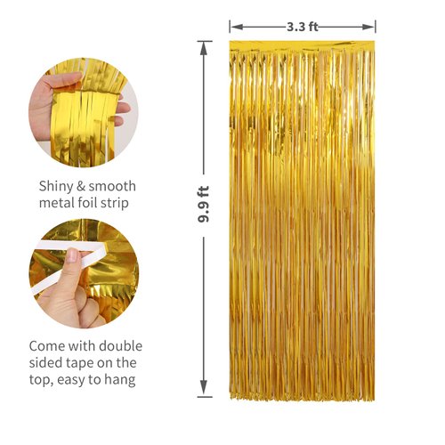 Crosize 3 Pack 3.3 x 9.9 ft Gold Foil Fringe Glitter Curtains Party Decorations, Tinsel Backdrop for Parties, Door Streamers for Birthday, Photo Booth Backdrops, Party Decor