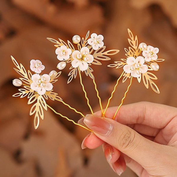 BARTOSI Flower Bridal Hair Pins Leaf Bride Wedding Hair Pieces Pearl Hair Accessories for Women and Girls (Pack of 3)
