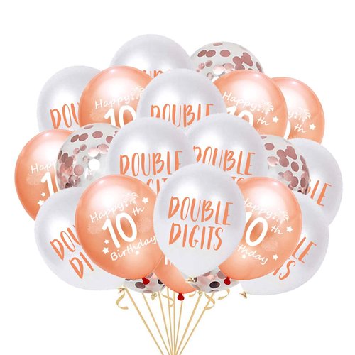 10th Birthday Balloon, Double Digits Happy 10th Birthday Latex Confetti Balloon Ribbons for 10th Girl Birthday Party Decorations 10 Year Old Birthday Supplies 12inch (Rose Gold)
