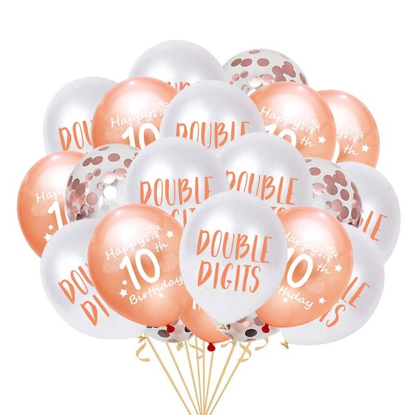 10th Birthday Balloon, Double Digits Happy 10th Birthday Latex Confetti Balloon Ribbons for 10th Girl Birthday Party Decorations 10 Year Old Birthday Supplies 12inch (Rose Gold)