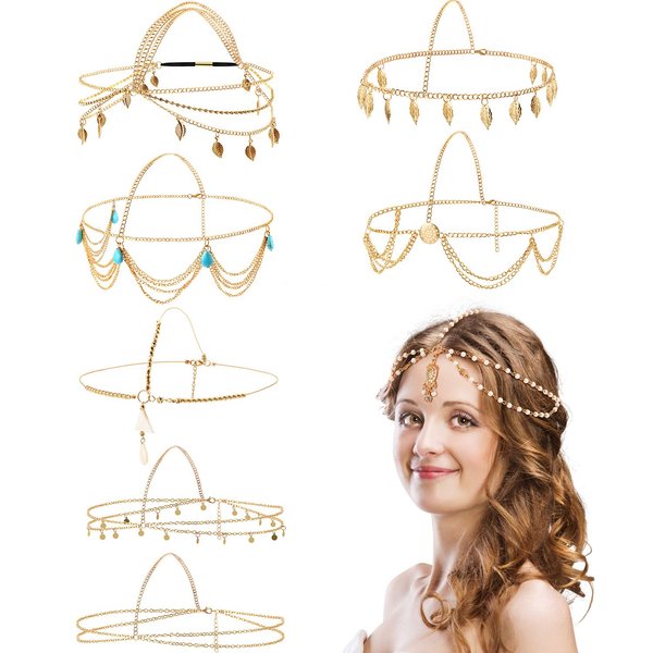 8 Pieces Gold Head Chain Jewelry Halloween Boho Headband Coins Pearl Tassel Chain Hair Band Festival Prom Wedding Headpiece for Women and Girls(Cute Style)