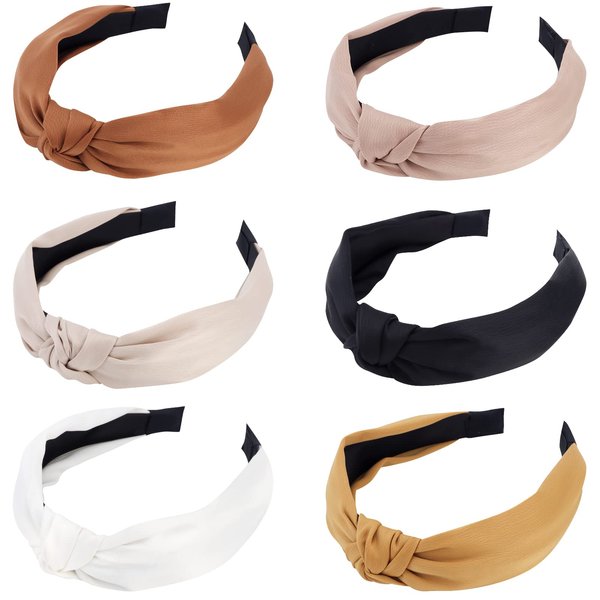 TOBATOBA Knotted Headband for Women, 6 Pack Satin Headbands Neutral Headbands for Women, Fashion Cute Knot Headband Womens Knotted Headbands No Slip, Hair Accessories for Women Girls