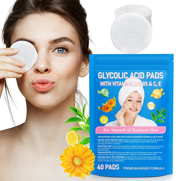 Glycolic Acid Pads,Glycolic Acid Resurfacing Pads for Face and Body,Exfoliating Peel Pads, with Vitamins B, C & E,Reduces Fine Lines and Wrinkles,40 Count