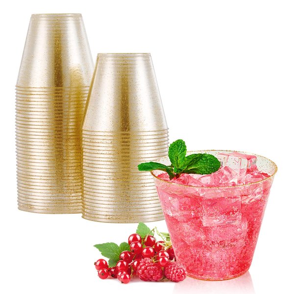 JOLLY CHEF 50 Pack 9 oz Glitter Plastic Cups, Disposable Gold Cups, Clear Plastic Tumblers, Gold Glitter Cups, Disposable Cups for Thanksgiving, Christmas Party
