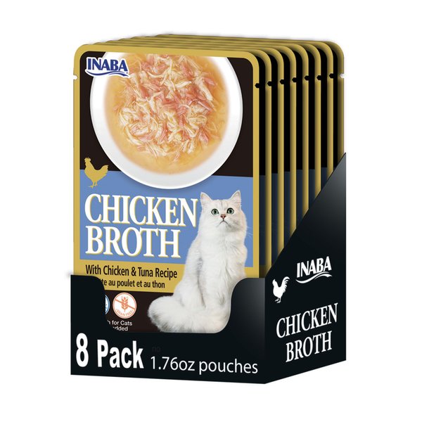 Inaba Chicken Broth, Shredded Chicken & Broth Side Dish/Topper for Cats with Vitamin E, 1.76 Ounce Pouch, 8 Pouches Total, Chicken and Tuna Recipe