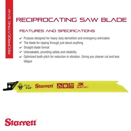 Starrett Bi-Metal King Cut Fire Rescue and Demolition Reciprocating Saw Blade - 8" Length x 3/4" Width x 0.50" Thickness, Straight Blade, 10-14 TPI, 20-Pack - BR81014-20