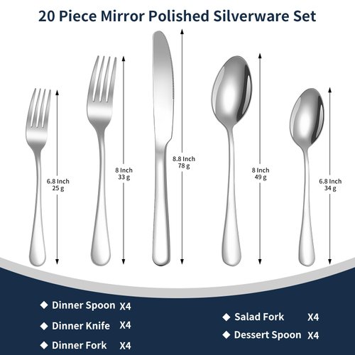 Knifes Forks Spoons Silverware Set for 4，20-Piece Stainless Steel Flatware Set，Polished Tableware Eating Utensils Set for Kitchen,Not Easy to Scratch The Mouth and Dishwasher safe. (Silvery)
