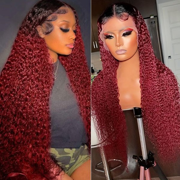 Juvid 99J Burgundy Curly Lace Front Wigs Human Hair 13X6 Ombre 99J Lace Front Wig Pre Plucked with Baby Hair Glueless 180% Density Wine Red Human Hair Wig Colored Human Hair Wigs for Women 20inch