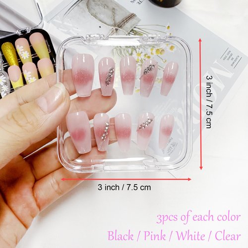 12 Pcs Press on Nail Storage Box with 60 Pcs Adhesive Double Sided Tape Acrylic Fake Nail Display Box Artificial False Nail Box Organizer Nail Case Nail Packaging Box for Nail Art Home Salon Use