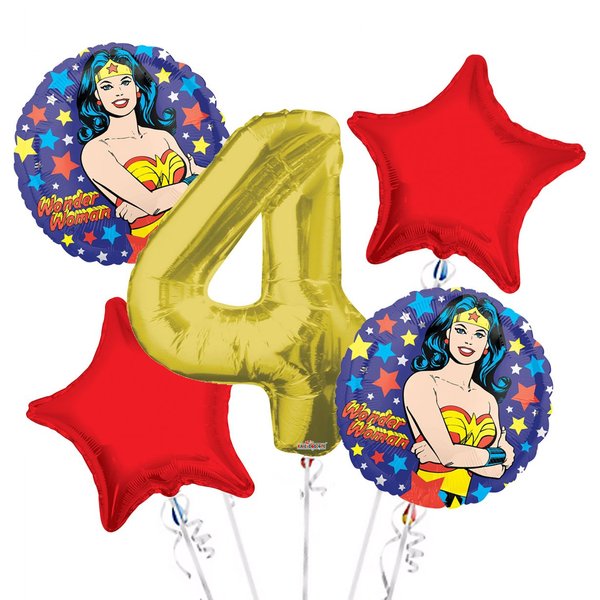 Wonder Women Balloon Bouquet 4th Birthday 5 pcs - Party Supplies