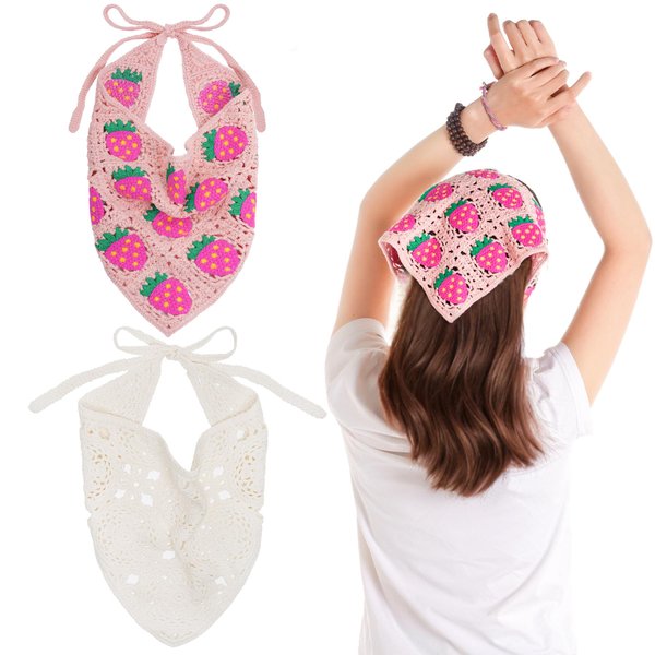 hoyuwak 2Pcs Crochet Bandanas Headbands Hairbands Head Hair Scarf for Women Girls Knitted Floral Strawberry Hair Accessories for Hair Styling Festival Holiday Decor (White, Pink)