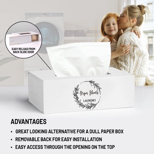 Magnetic Lint Bin and Dryer Sheet Holder Set for Laundry Room, Farmhouse Wooden Lint Trash Can with Lid and Dryer Sheet Dispenser Box Magnetic for Mounting on Dryer,Stylish Laundry Room Organiz(White)