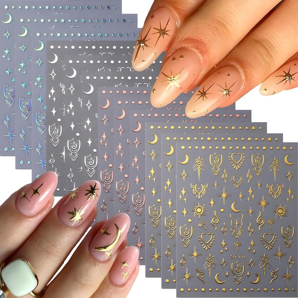 12 Sheets Metallic Sun Star Nail Art Stickers Silver Aurora Gold Moon Nail Stickers 3D Self-AdhesiveGlitter Rose Gold Silver Star Moon Nail Art Design for Women DIY Nail Decorations