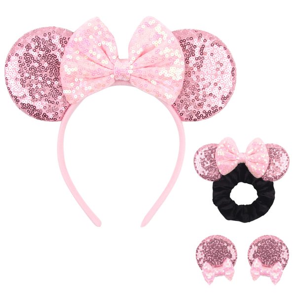 zhezesmila Mouse Ears Headband, Shiny Mouse Ears Clips and Sequin Mouse Ears Velvet Scrunchies with Bow Hairs Accessories for Girls Women Boys Birthday Party (Pink)