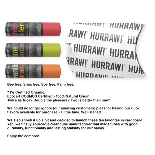 Hurraw! Cherry Lemon, Lime Coconut, and Vanilla Orange Lip Balm 3 Pack Bundle: Plastic-Free with new cardboard push-up tube. Certified Organic, Natural & Vegan. Bee, Shea, Soy & Palm Free. Made in USA
