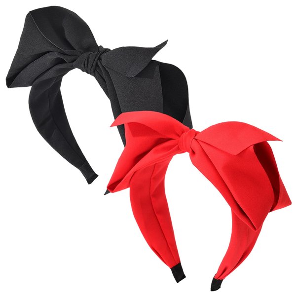 JINBUYAO Red Bow Headband For Women Black Knot Hair Bands Big Bowknot Hair Hoop Knotted Wide Turban Headbands Hair Band Bows Hair Accessories (Black&Red)