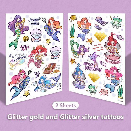 EMOME Temporary Tattoos for Kid, Kids Tattoo Stickers for Birthday Party Supplies Decorations, Glitter Luminous Temporary Kids Tattoos (Mermaid)