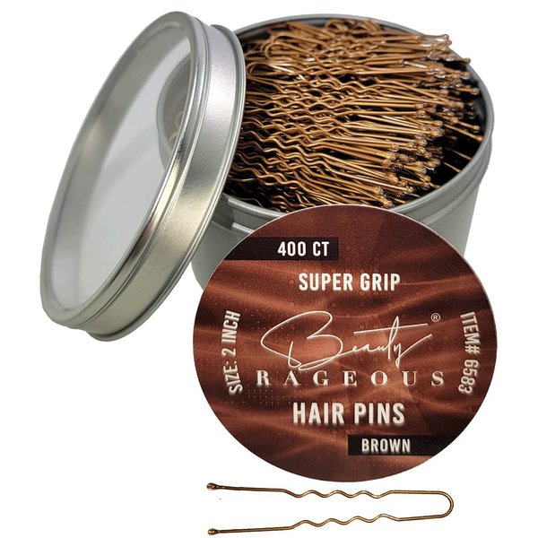 Super Grip - U Shaped Hair Pins - Brown - 400 Ct Approx - Handy Reusable Tin