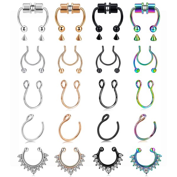 VitaCool Magnetic Septum Nose Ring Stainless Steel Horseshoe Fake Septum Fake Nose Rings 20G Faux Non Piercing Fake Nose Ring Piercings Hoop for Women Men Girls (T20-Piece set)