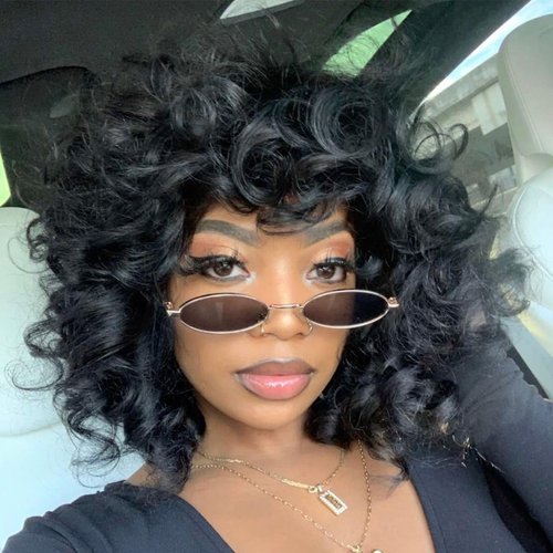 Short Curly Afro Wigs with Bangs for Black Women Afro Kinky Curly Wigs for Black Women Synthetic Heat Resistant Fluffy Wigs Full Machine Made Wig for Black Women 250g (14 Inch, 1B)
