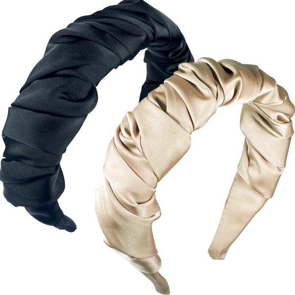 UDeBe Ruched Satin Headband,Ruffled Wide Headband, Fashion Folds Satin Turban Headbands Headwear Barrette Styling Tools Accessories for Girls and Women 2PCs Champagne+Black