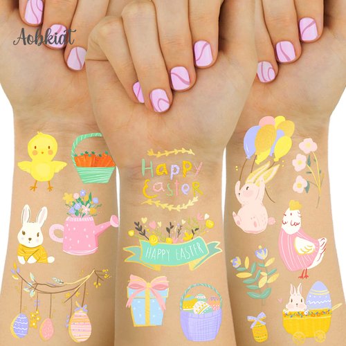 AOBKIAT Easter Stickers Tattoos,36 Glitter Styles Temporary Waterproof Sticker,Easter Party Favors Gifts for Boys Girls,Easter Egg Basket Goodie Bags Stuffers Fillers,Birthday Party Supplies