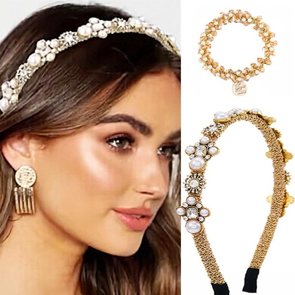 Sinalty Gold Jeweled Headbands Pearls Rhinestones Baroque Hair Bands Crystal Hair Hoop with Beaded Hair Ties for Women (Fashion)