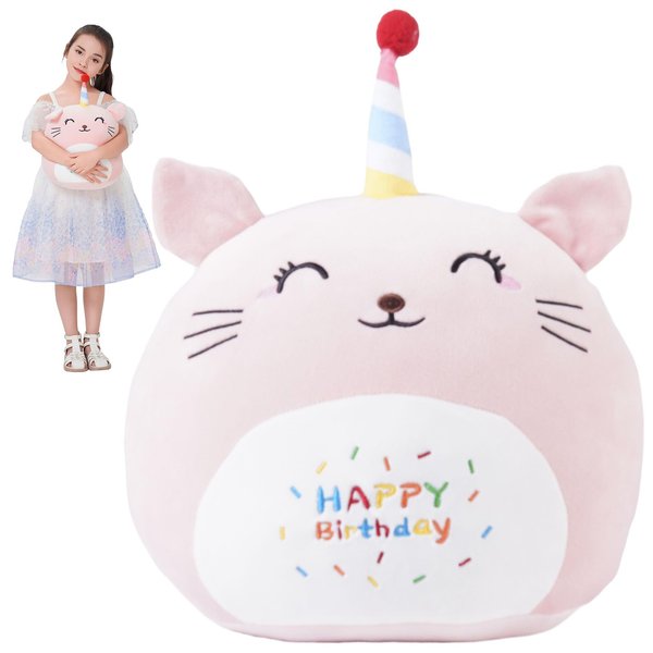 12 Inch Plush Birthday Cat Kitty Stuffed Animal Happy Birthday Cat Hugging Pillow Birthday Cat Plushies Throw Pillow Birthday Pink Cat Kitten Anime Gift for Kids and Lovers
