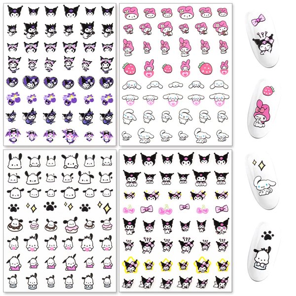 4 Pics Cute Cartoon 5D Embossed Nail Art Stickers, Anime Kawaii Design Self-Adhesive Nail Stickers, Suitable for Ladies, Girls and Children's Nail Art Decoration