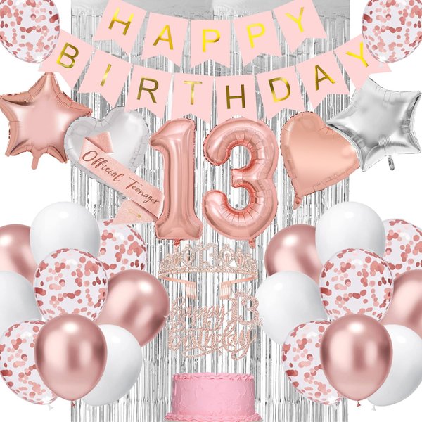 13th Birthday Decorations for Girls - Rose Gold 13 Birthday Party Decoration, 13th Happy Birthday Banner Sash Kits Balloons Decoration for Girls 13th Birthday Party Supplies