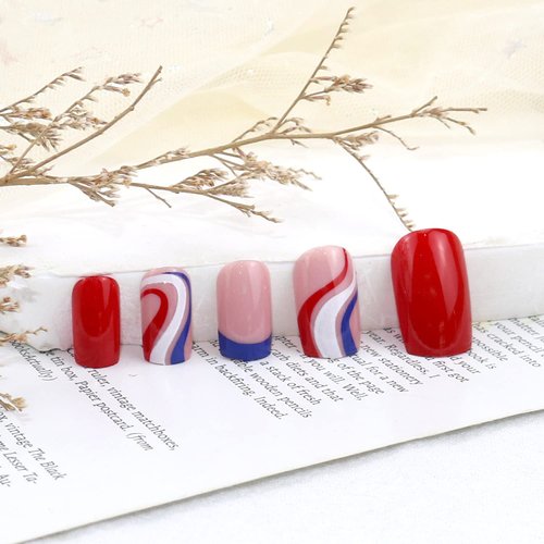 4th of July Press on Nails Short Square Glossy Fake Nails Independence Day Glue on Nails Red Blue White French Tips Nails Patriotic Design Fourth of July False Nails Coffin Full Cover Stick on Nails 24Pcs
