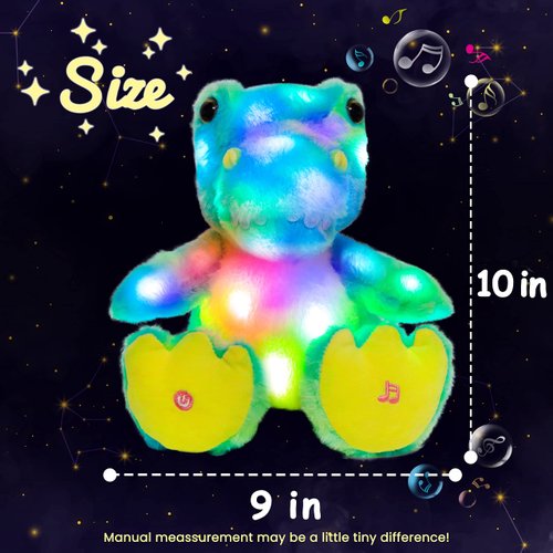 Hopearl LED Musical T-Rex Colorful Stuffed Dinosaur Lighting Up Singing Plush Toy Adjustable Volume Lullaby Animated Soothe Birthday Gifts for Kids Toddler Girls, Magical Green and Blue, 10''