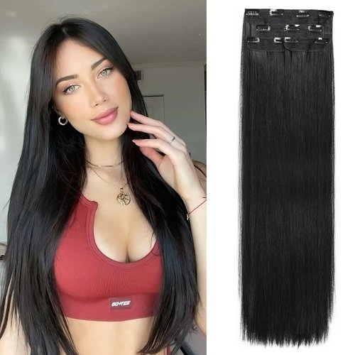 DOCUTE Natural Black Clip in Hair Extensions Black Women 4 Pieces, Full Head Long Straight Hair Extensions Clip ins Double Weft Thick Hair Extensions Hair Classic Pieces (26", Natural Black)