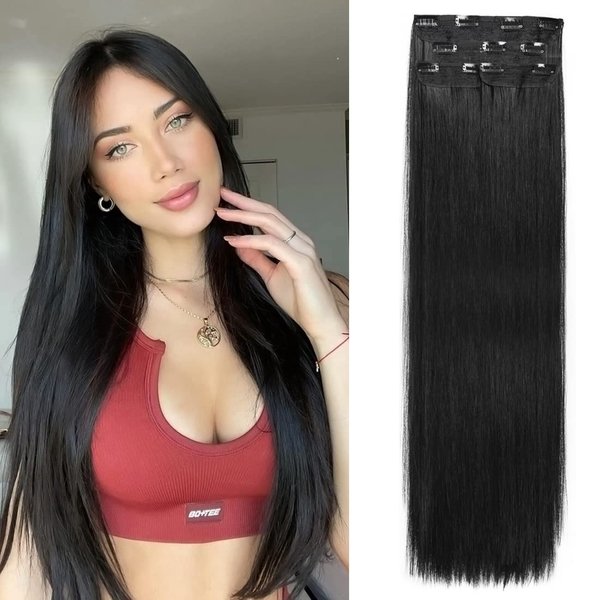DOCUTE Natural Black Clip in Hair Extensions Black Women 4 Pieces, Full Head Long Straight Hair Extensions Clip ins Double Weft Thick Hair Extensions Hair Classic Pieces (26", Natural Black)