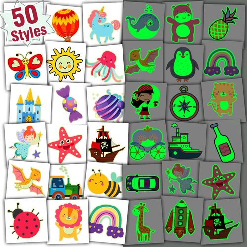 Partywind 50 PCS Luminous Kids Temporary Tattoos, Individually Cut Tattoos Stickers for Kids Party Supplies, Birthday Party Favors Decorations for Boys and Girls, Games