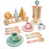 Masonbaby Wooden Play Kitchen Accessories Toys for Toddlers 3+, 22 PCS Kids Play Kitchen with Cute Cutlery Rack&Dish Rack,Play Dishes for Kids Kitchen,Montessori Pretend Birthday Gifts for Girls Boys