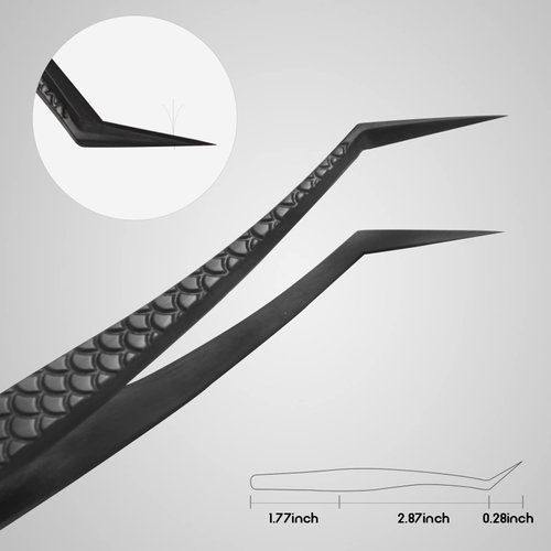 FEITA Diamond Grip Eyelash Extensions Tweezer Lash Precision Tweezers, Japanese Steel Dolphin-shaped & Angled Tip, False Lashes Application Tools, Black 2Pcs