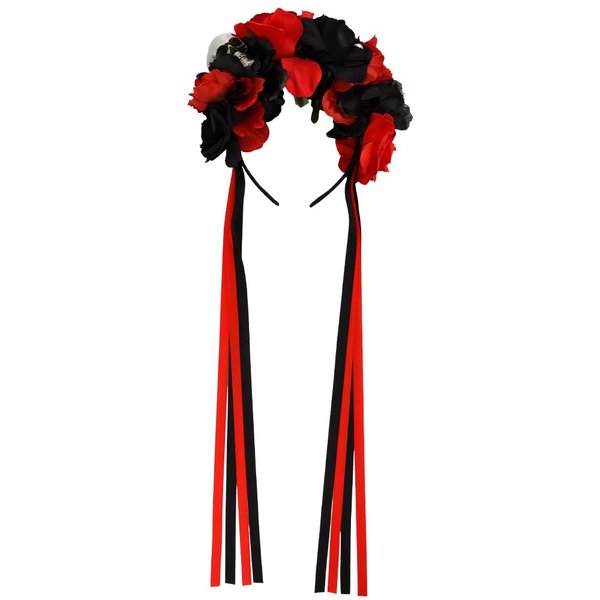Atoden Flower Crown Day of the Dead Rose Headbands Skull Floral Crown Mexican Headpiece with Ribbon for Women Girls Black Red