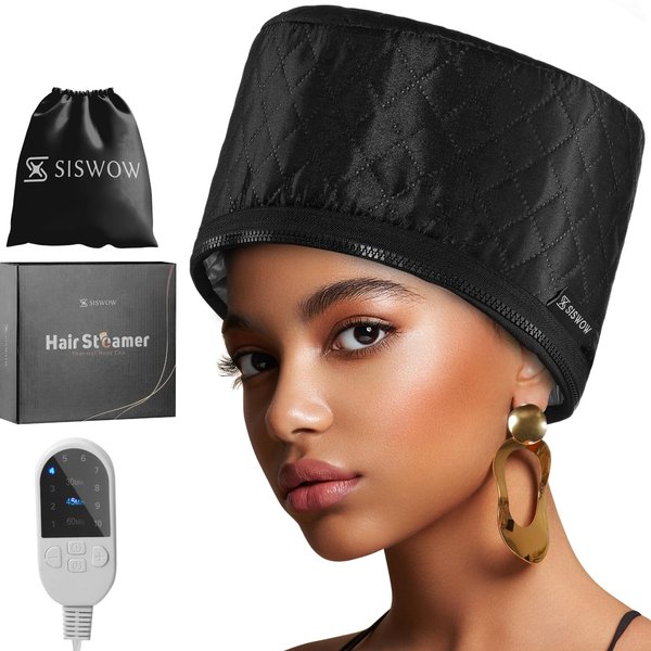 Hair Steamer For Natural Hair Home Use w/10-level Heats Up Quickly, Heat Cap For Deep Conditioning - Thermal Heat Cap For Black Hair, Great For Deep Conditioner (Black)