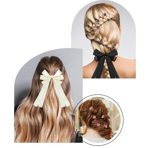 AUDTOPE Mini Flower Hair Clips with 3PCS Bow Hair Clips,Rhinestone Fairy Flower Tiny Claw Clips Bow Hair Ribbon Clips Rapunzel Hair Accessories for Women Girls Pink Beige Black