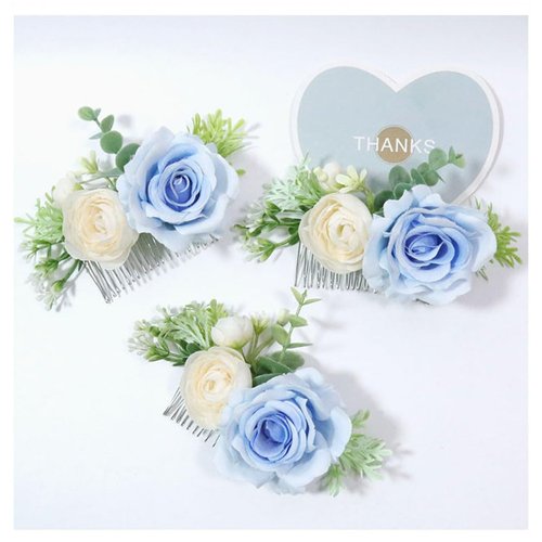 MAFELOE Artificial Flower Bridal Hair Comb, Wedding Hair Side Comb, Hair Accessories for Women and Girls-Light Blue+Beige