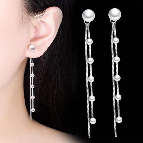 YienDoo Boho Long Pearl Dangle Drop Earrings Vintage Silver Pearl Chain Dangle Earrings Statement Tassel Pearl Dangle Earrings Wedding Prom Pearl Earrings Jewelry for Women and Girls