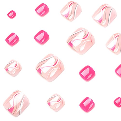Rose Pink Press on Toenails Short Square Fake Toe Nails with Colorful Swirls Designs Cute Toenail Press ons Summer False Toenails Glossy Full Cover Artificial Stick on Nails for Women 24Pcs