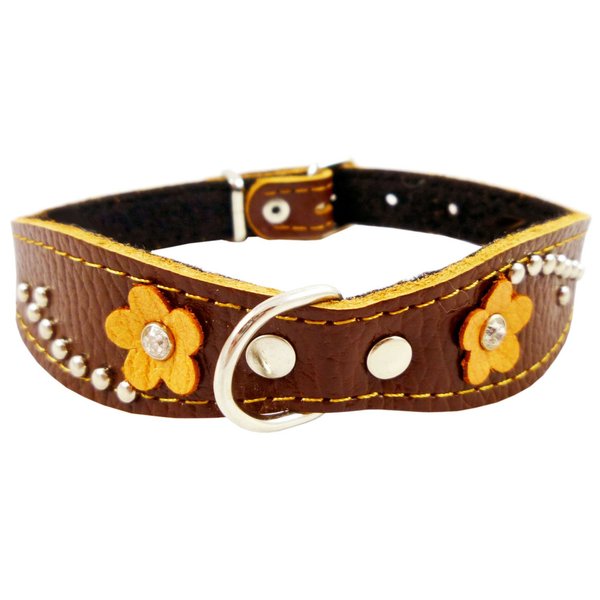 Brown Genuine leather Designer Dog Collar 14.5"x1" with Studs, Daisy, and Rhinestone