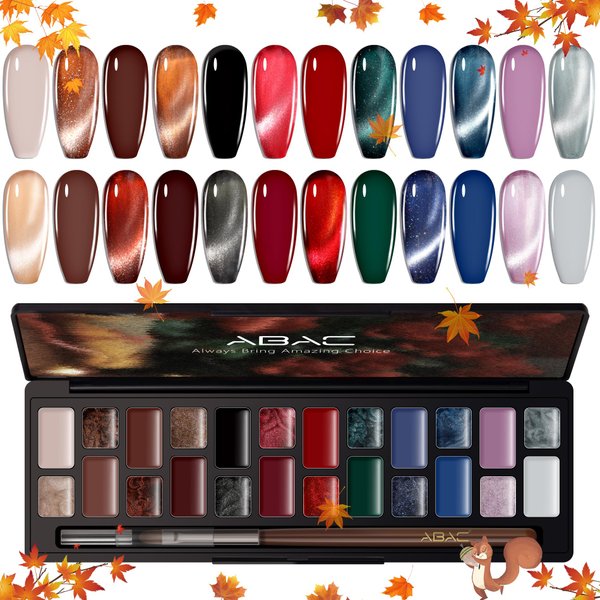 ABAC Solid Cat Eye Gel Nail Polish Set,Fall 24 Colors Brown Red Black Green Shimmer Magnetic Gel Polish,Upgraded Creme Gel Manicure Palette with Brush and Magnet Soak Off LED Gift for Women