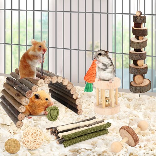 Hamster Toys Guinea Pig Toys Hamster Wheel Hamster Cage Accessories Small Animal Molar Chew Toys for Chinchillas,Gerbils,Mice,Rats,Mouse,Rabbit,Bunny Hideout Seesaw (12 Different chew Toys)