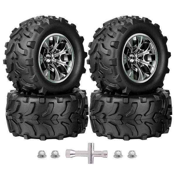 HobbyPark Pre-Glued RC Truck Tires and Chrome Wheels 12mm Hex 1/10 Scale Tyres for Traxxas Hoss 4x4 Stampede 2wd VXL Redcat Volcano EPX Pro 3S 4S Lipo Brushless Monster, 4 Sets